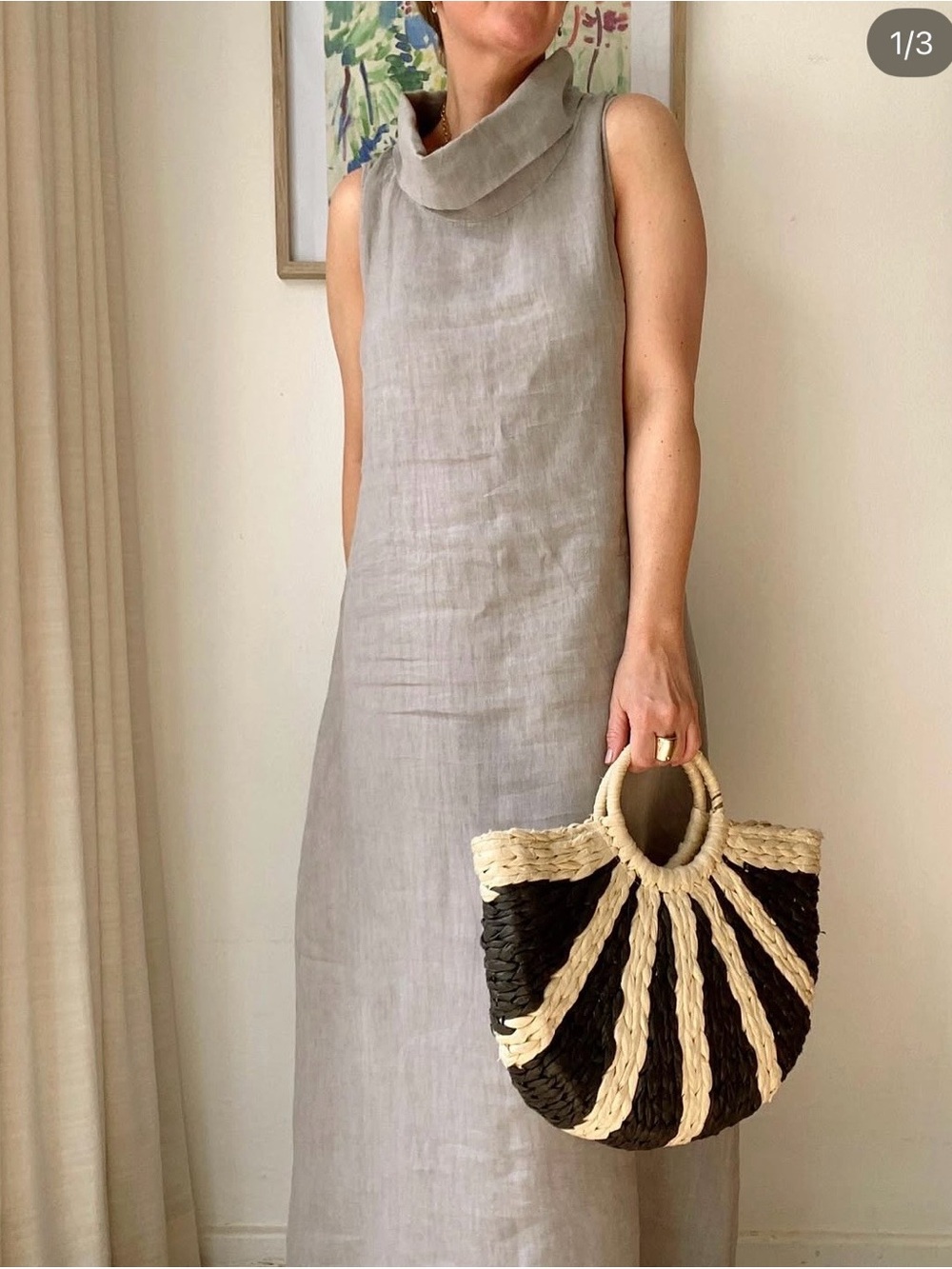 Francesca Bettini Sleeveless A-Line Linen Dress Cowel Neck sand in colour small